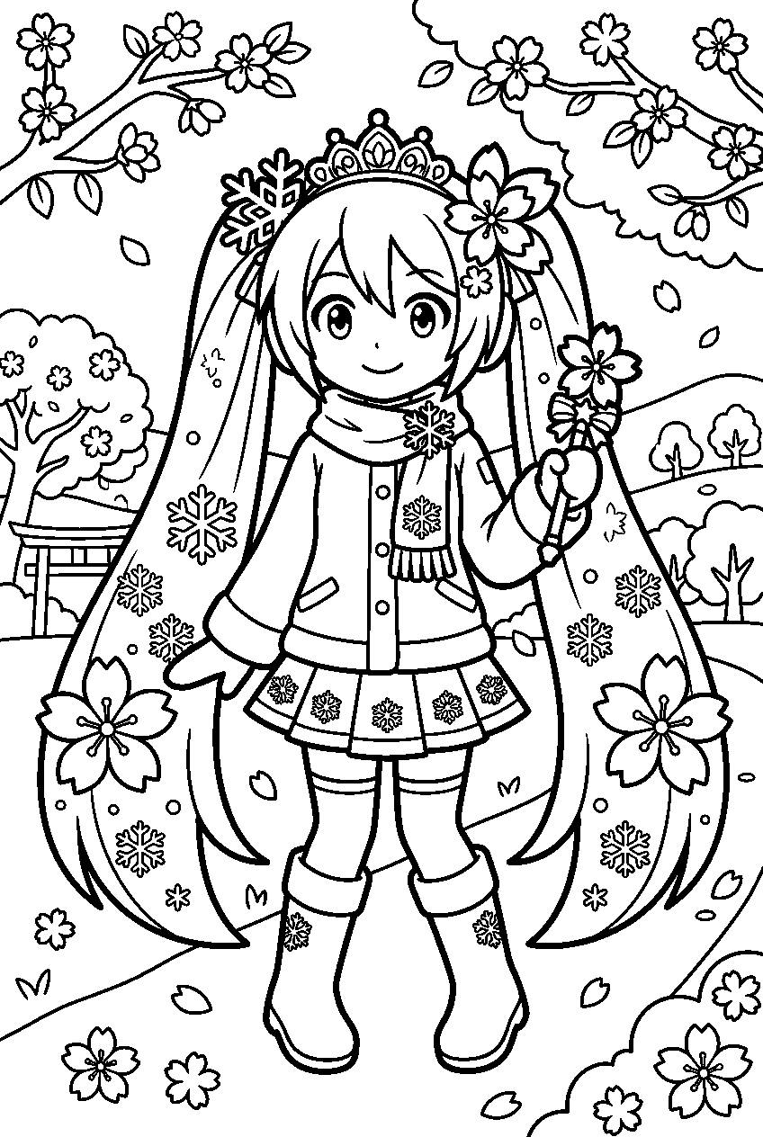 snow miku in cherry blossom park line art