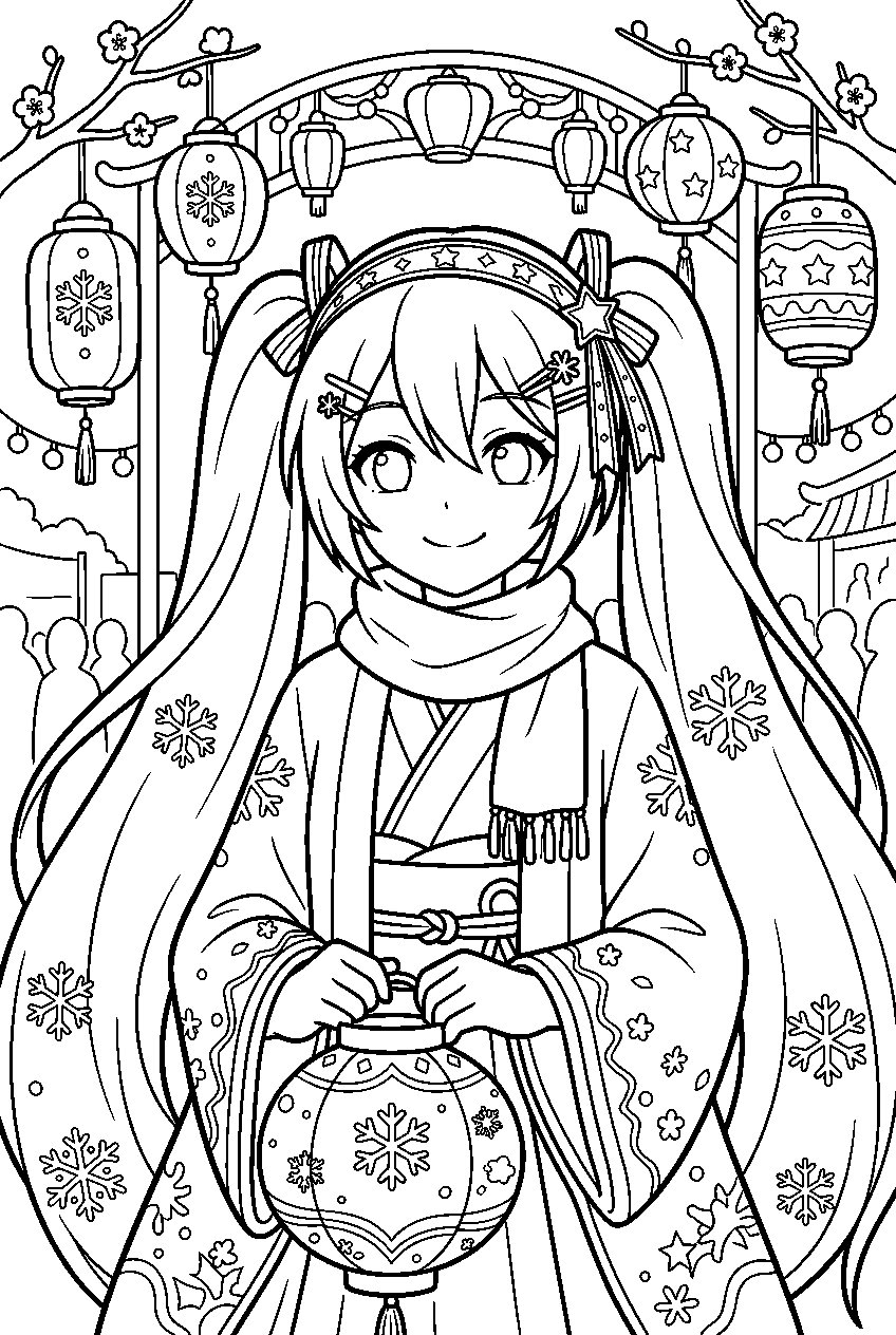 snow miku in lantern festival line art