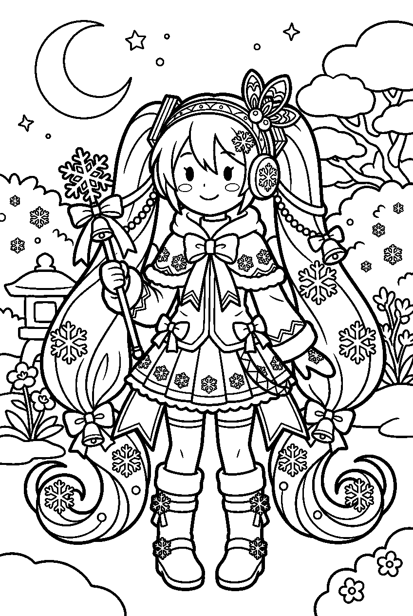 snow miku in moonlit garden line art
