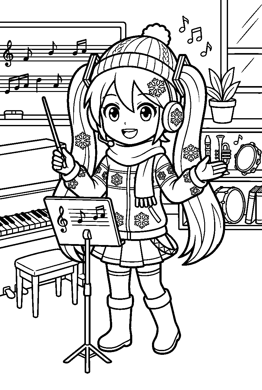 snow miku in music classroom line art