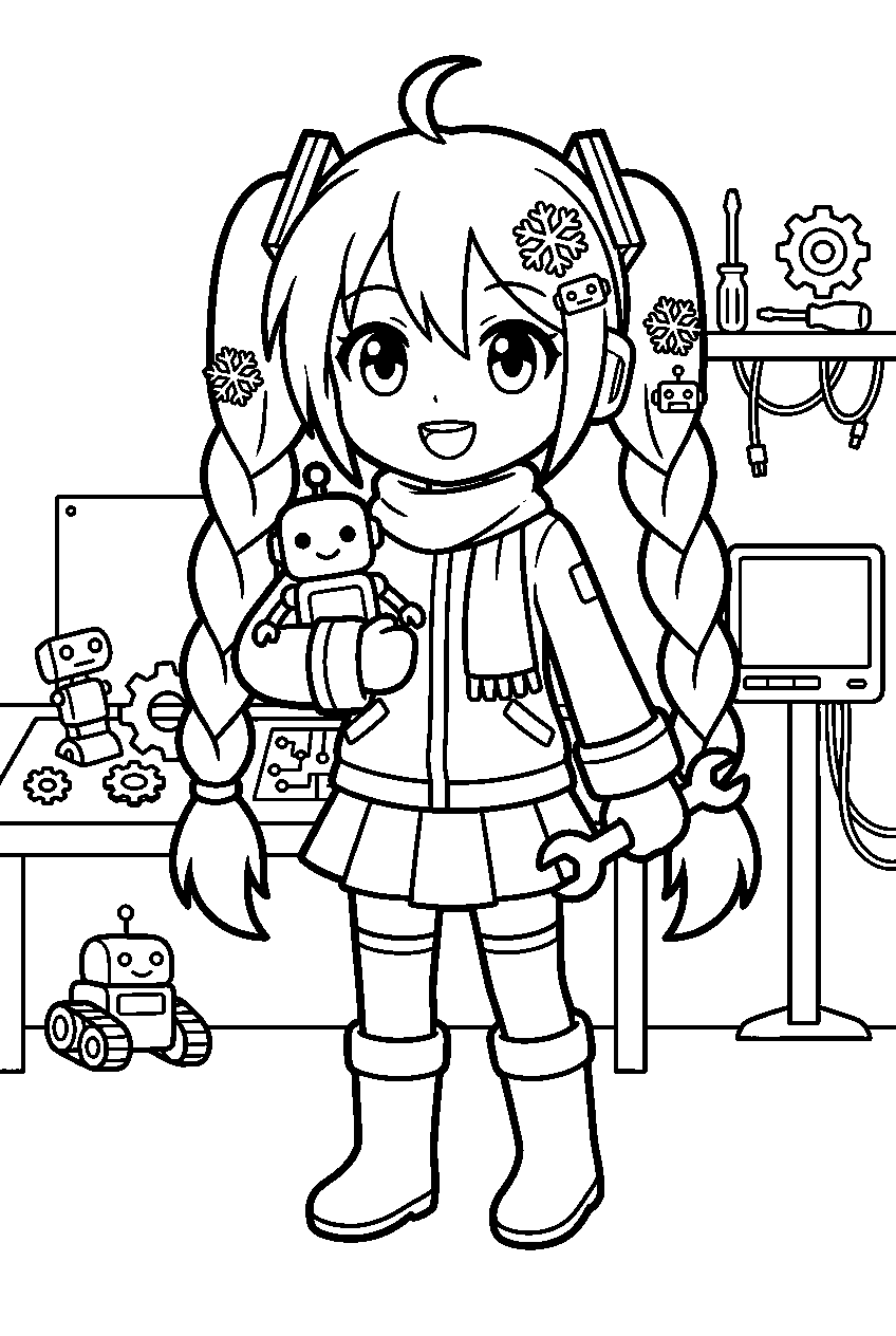 snow miku in robotics laboratory line art