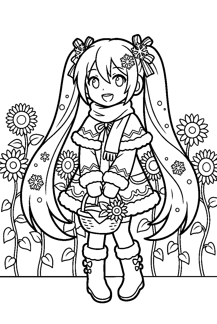 snow miku in sunflower field line art