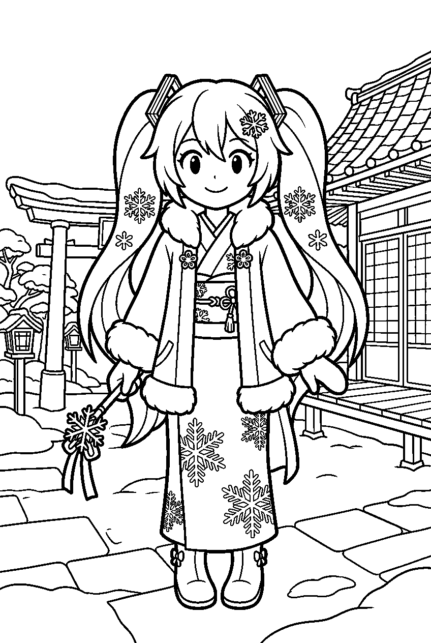 snow miku in temple courtyard line art