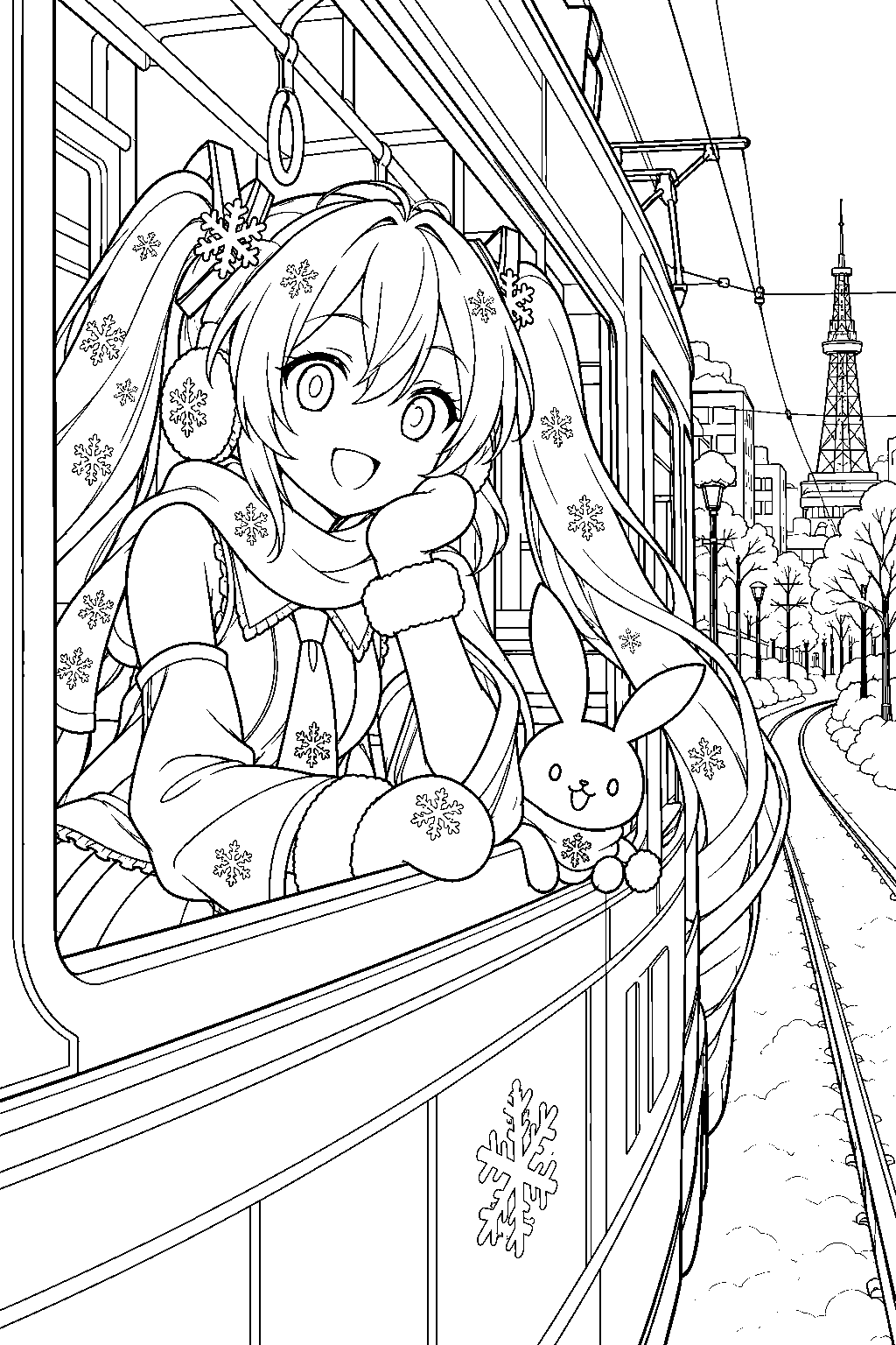 snow miku riding the snow miku streetcar through snowy sapporo line art