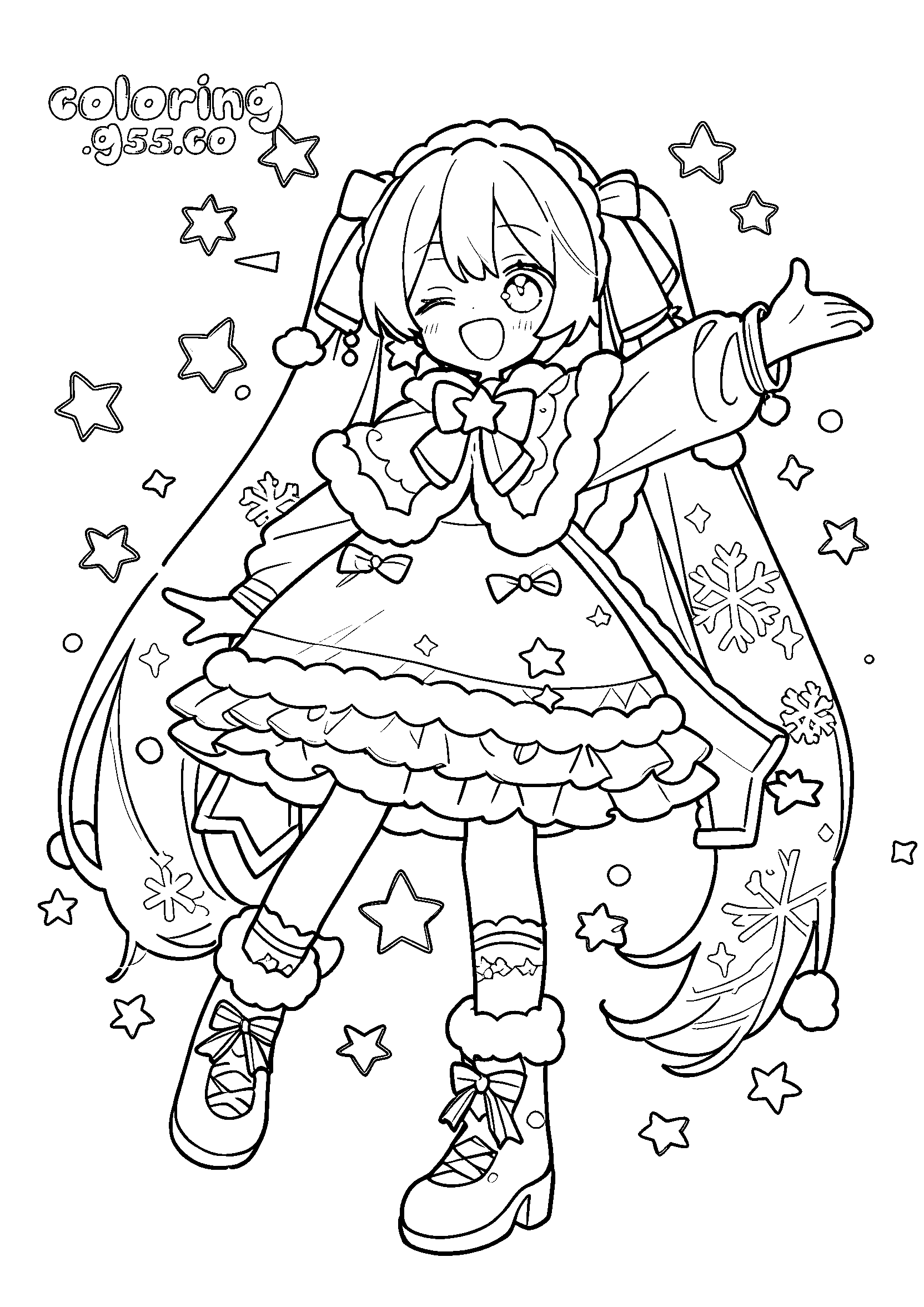 snow miku winter dress stars snowflakes line art for kids