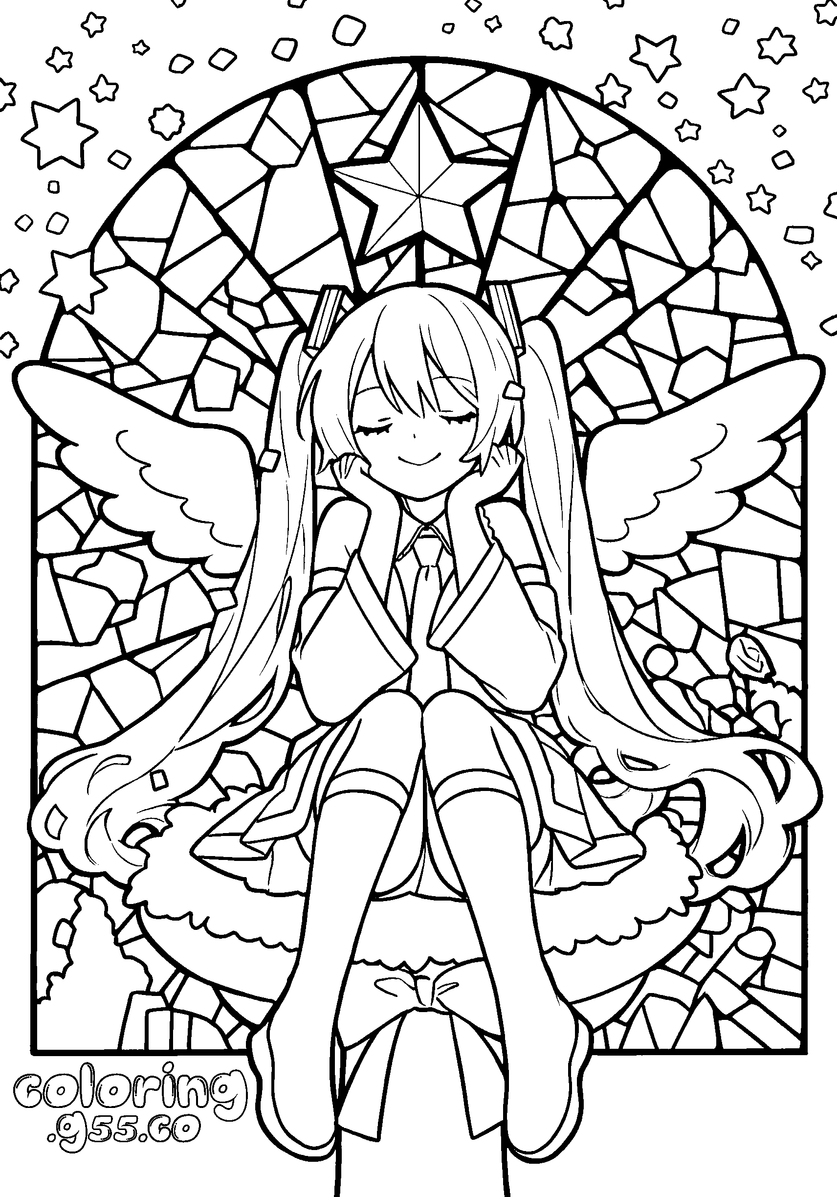 angel hatsune miku stained glass window wings line art for kids