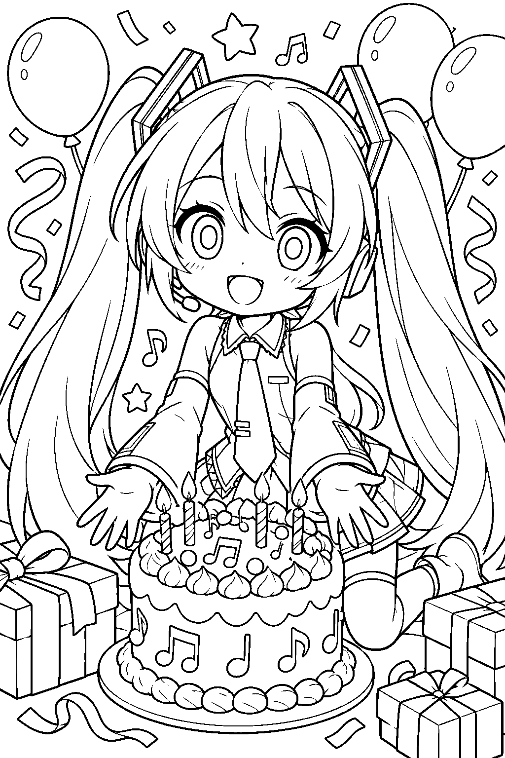 chibi hatsune miku celebrating her birthday with a cake decorated with musical notes line art