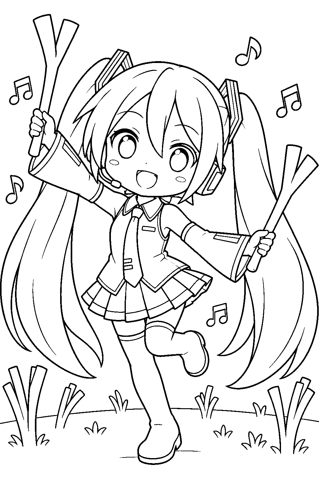 chibi hatsune miku dancing with her leek during ievan polkka line art
