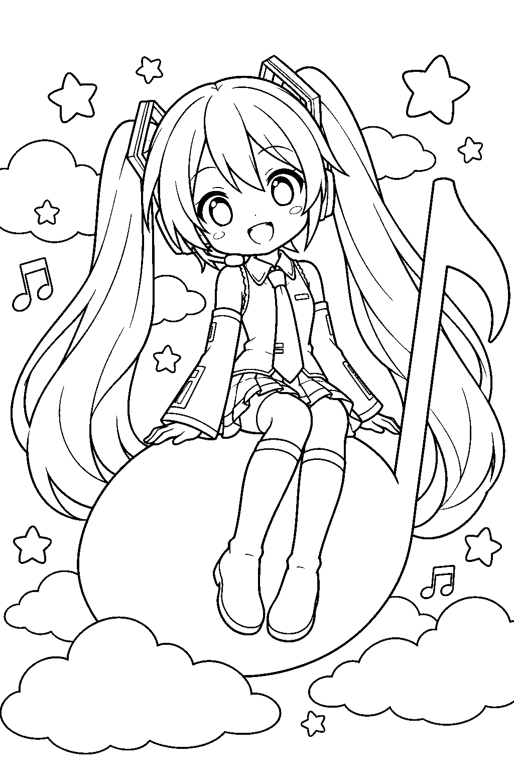 chibi hatsune miku sitting on a giant musical note among clouds and stars line art