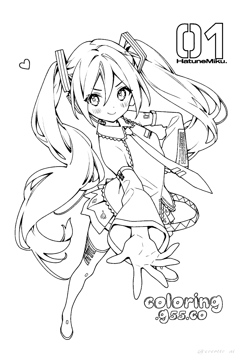 dynamic vocaloid idol hatsune miku reaching out stage pose line art for kids