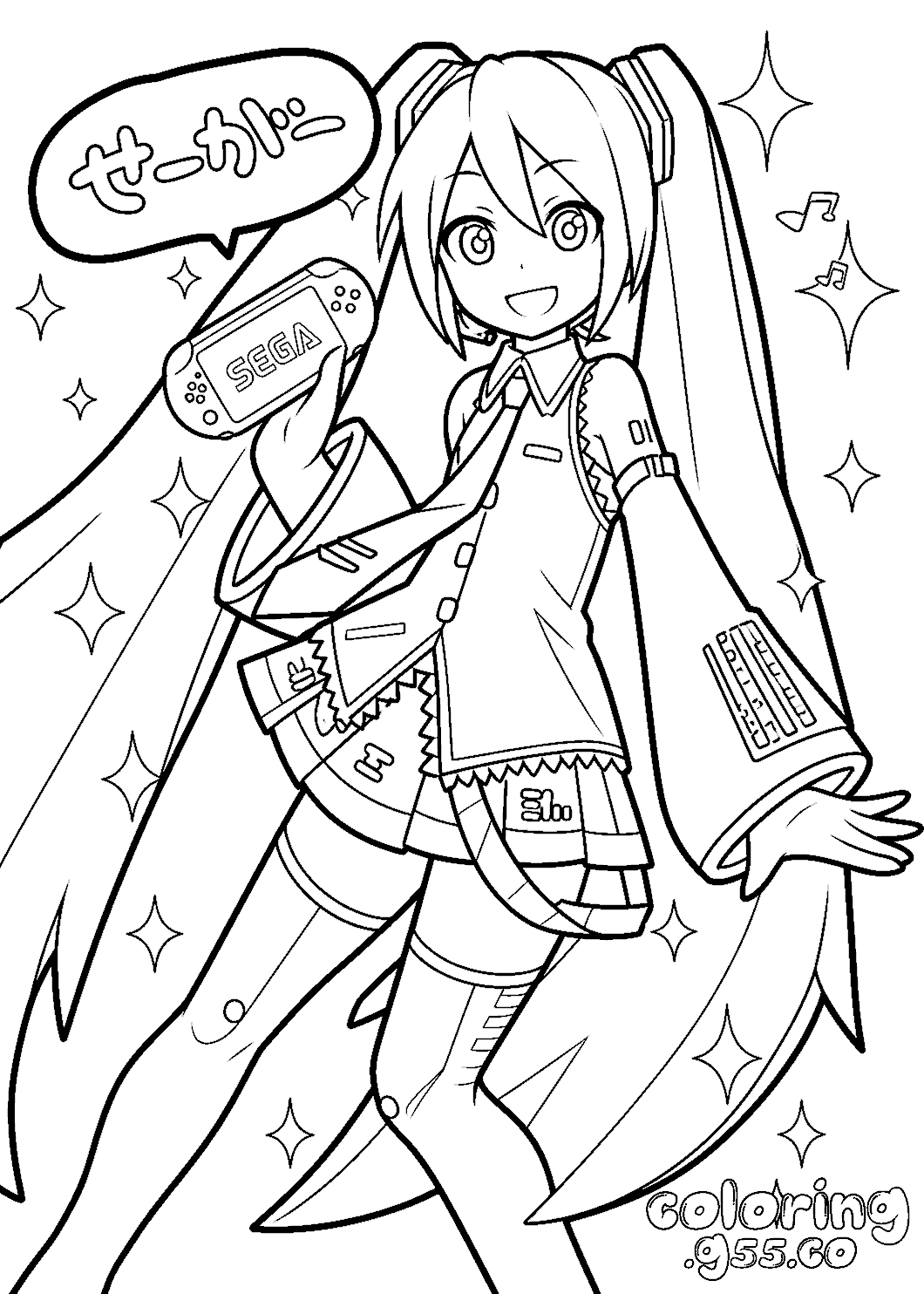 gamer hatsune miku with sega console project diva line art for kids
