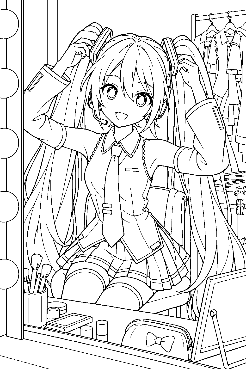 hatsune miku adjusting her hair ribbons at a backstage dressing table line art