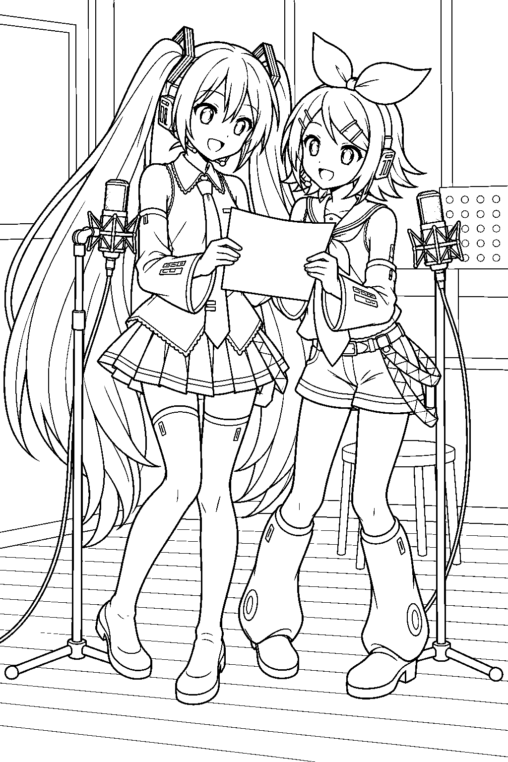 hatsune miku and kagamine rin rehearsing a vocaloid duet with a shared lyric sheet line art