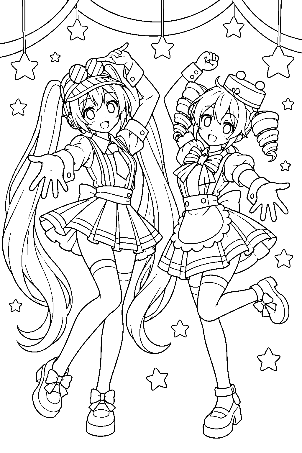 hatsune miku and kasane teto dancing in their mesmerizer outfits beneath star decorations line art