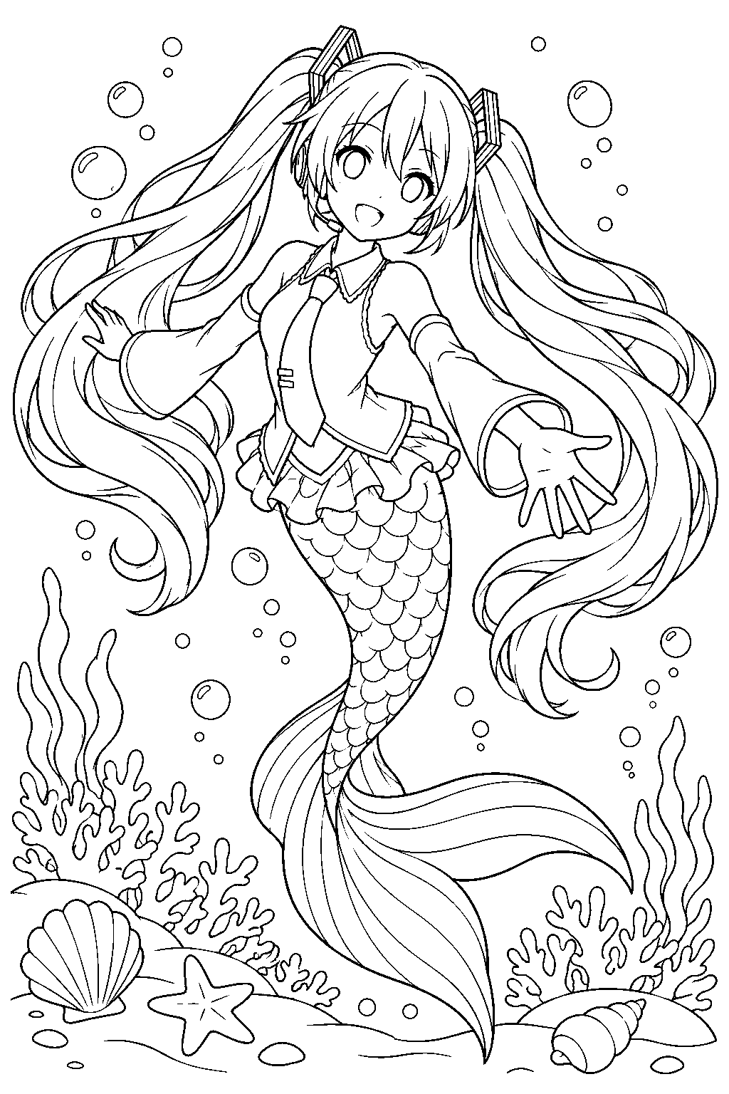 hatsune miku as a mermaid swimming above coral and seashells line art