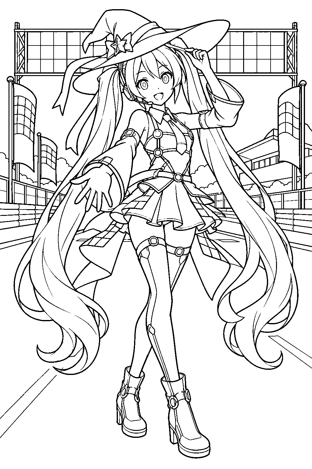 hatsune miku as racing miku 2024 wearing her witch hat beside a racetrack banner line art
