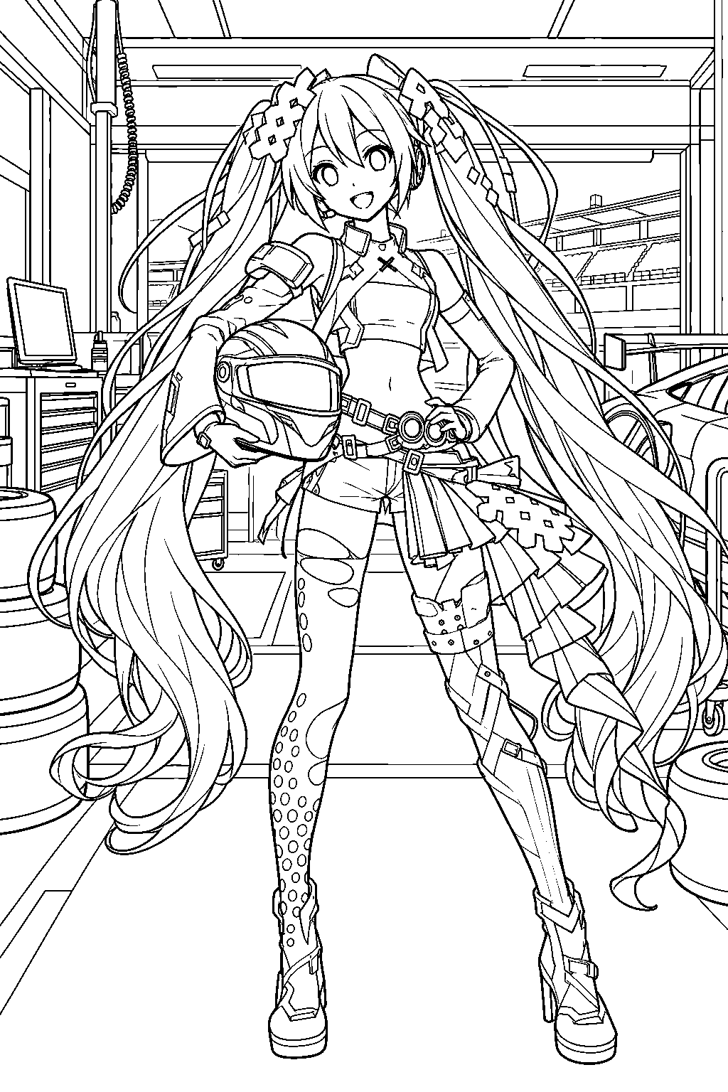 hatsune miku as racing miku 2025 holding a racing helmet in a pit garage line art