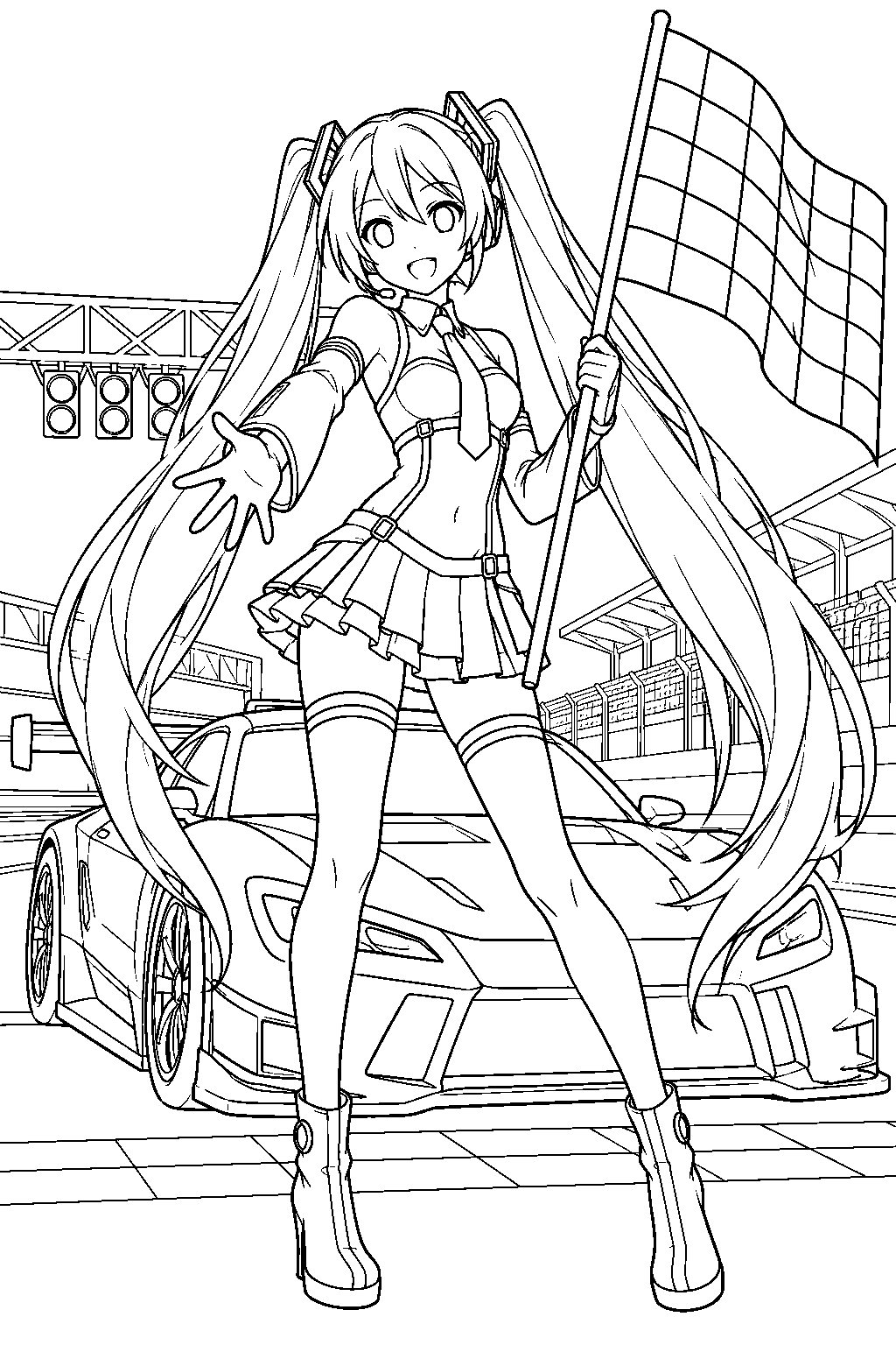 hatsune miku as racing miku holding a checkered flag beside a race car on the starting grid line art