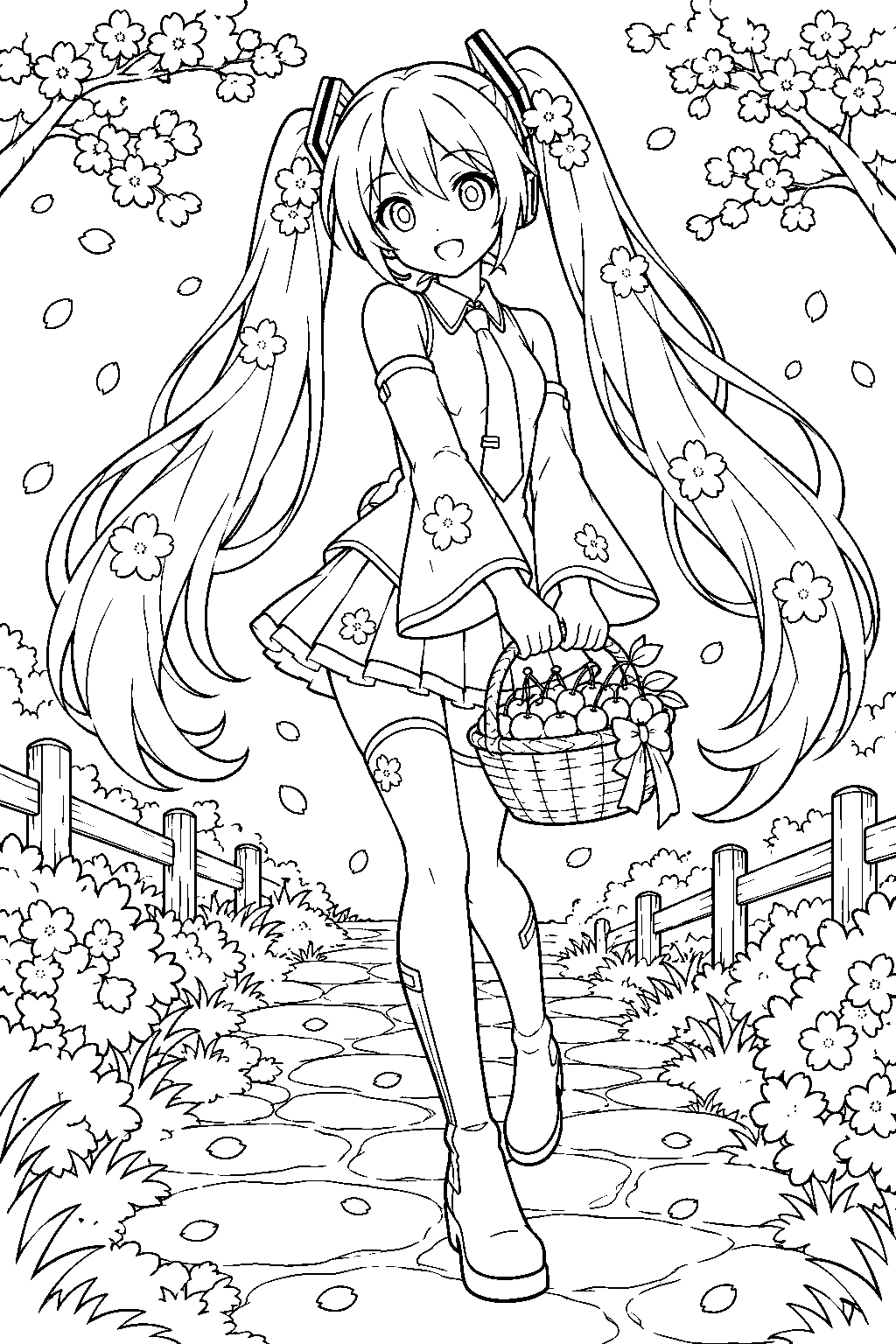 hatsune miku as sakura miku carrying a basket of cherries along a garden path line art