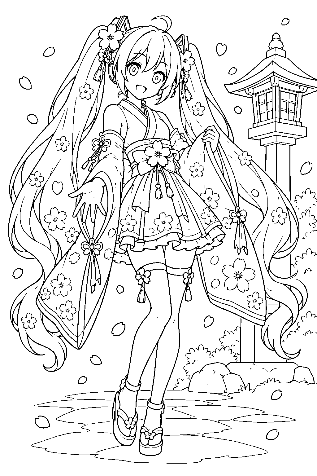 hatsune miku as sakura miku wearing a cherry blossom kimono beside a shrine lantern line art