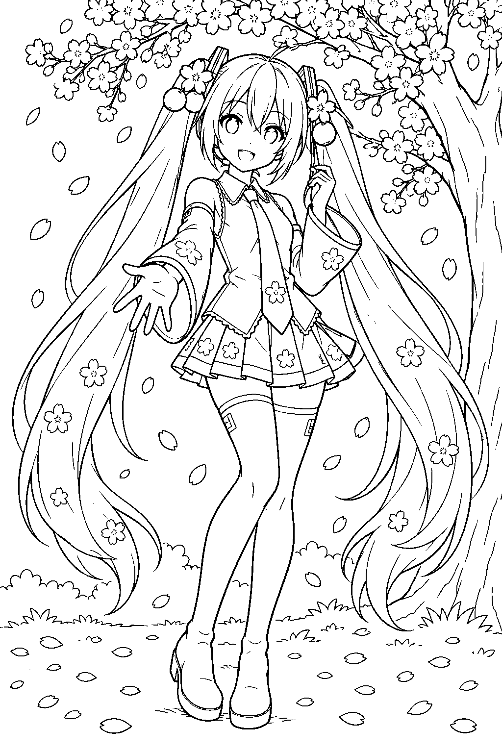 hatsune miku as sakura miku wearing cherry hair ornaments beneath a blooming cherry tree line art
