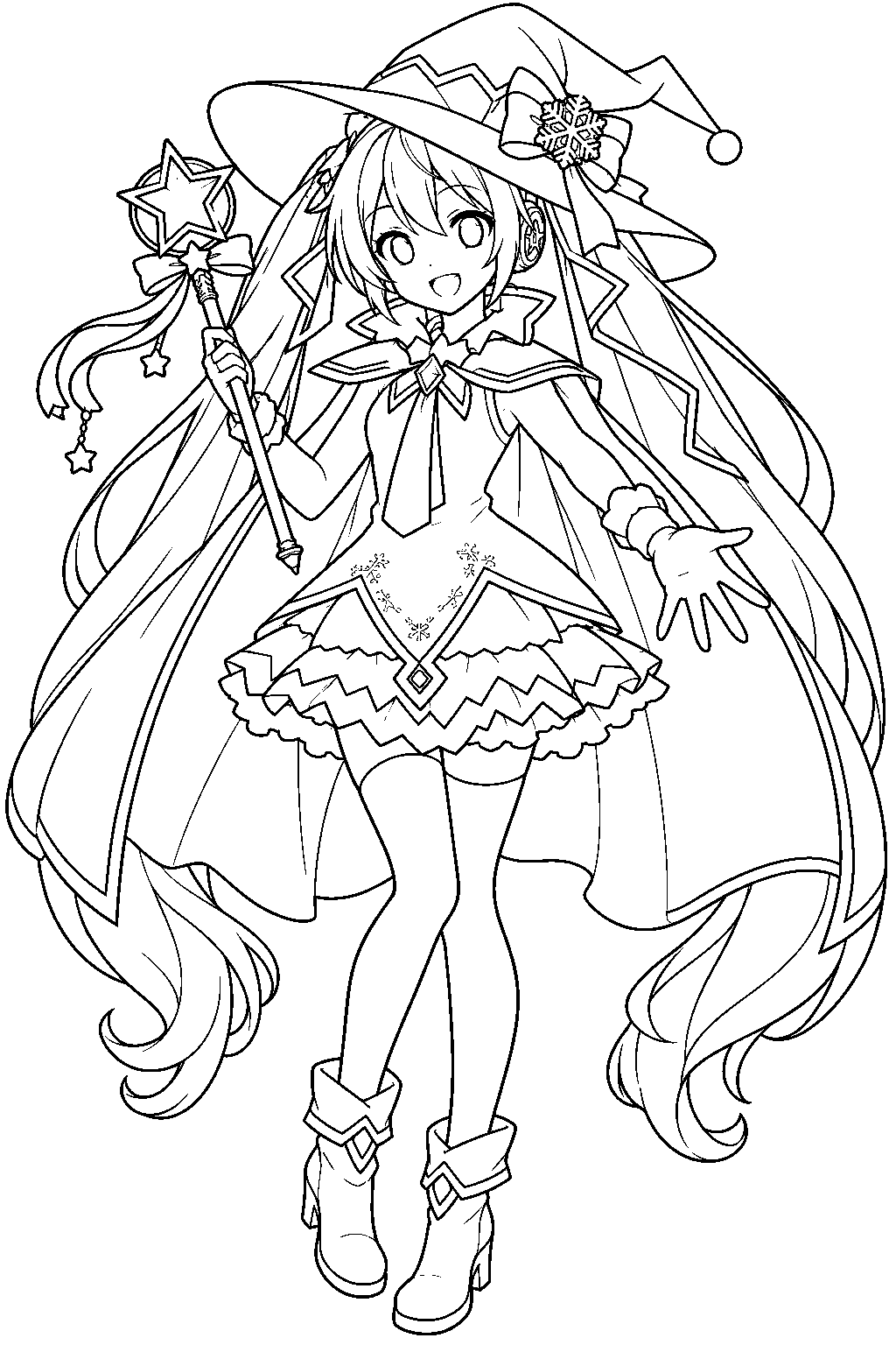hatsune miku as snow miku 2014 holding a star wand in her magical girl outfit line art