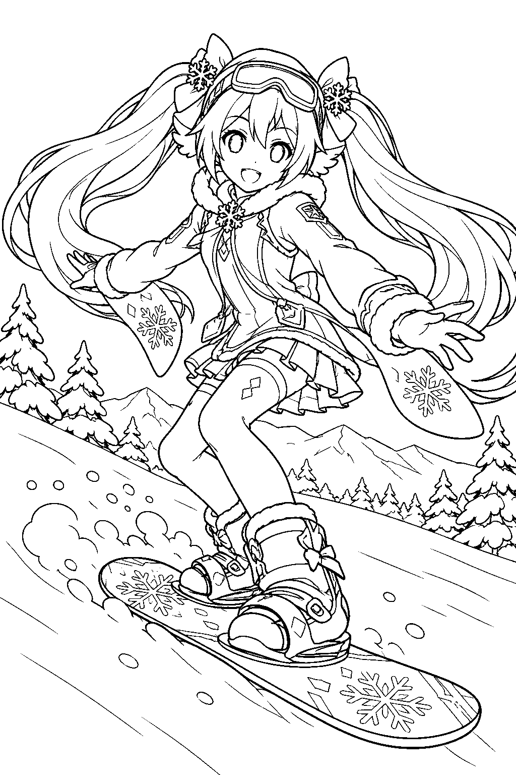 hatsune miku as snow miku 2016 snowboarding down a gentle snowy slope line art