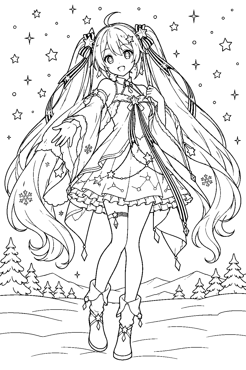 hatsune miku as snow miku 2017 wearing her constellation outfit beneath a starry winter sky line art