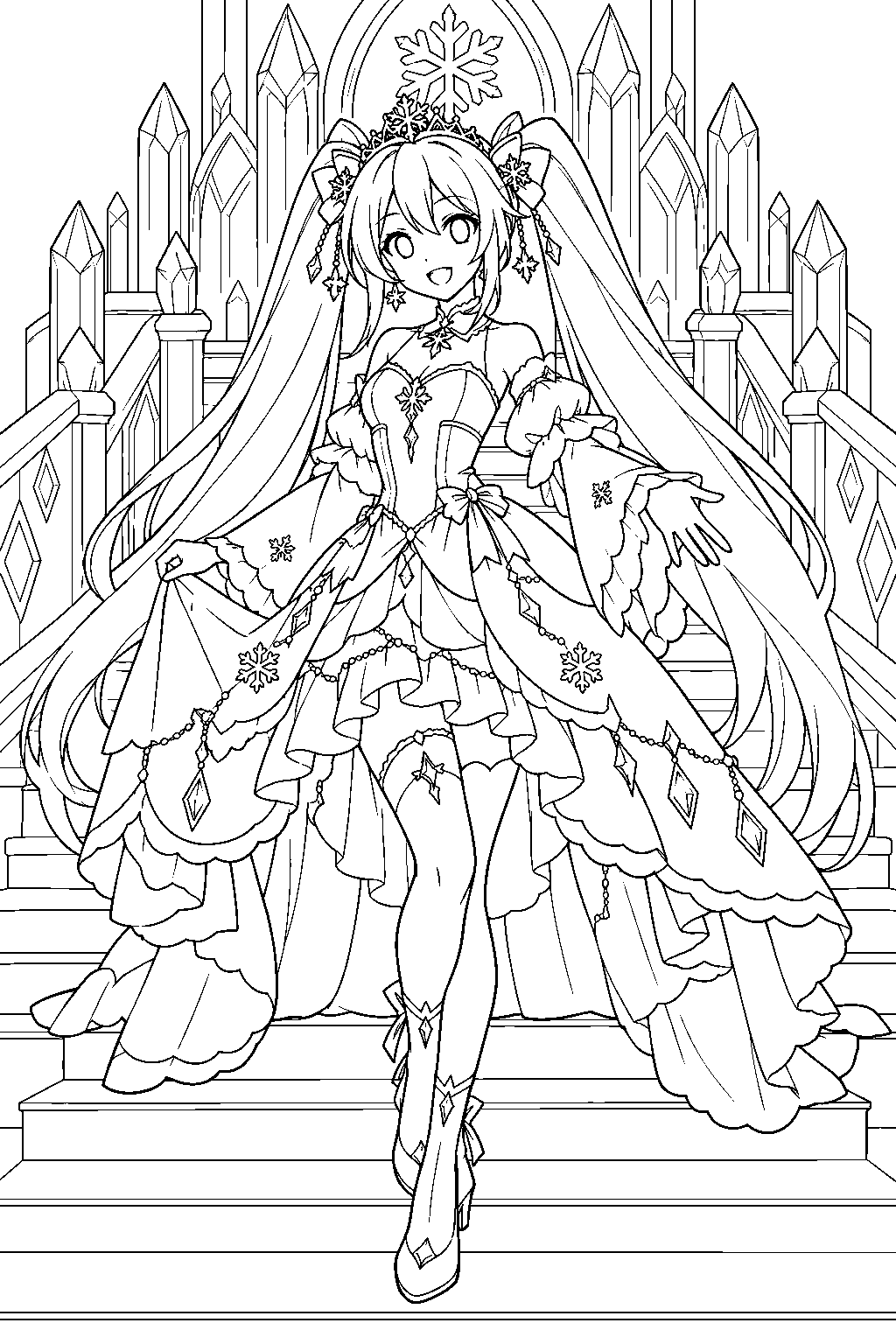 hatsune miku as snow miku 2019 wearing her snow princess gown on icy palace stairs line art