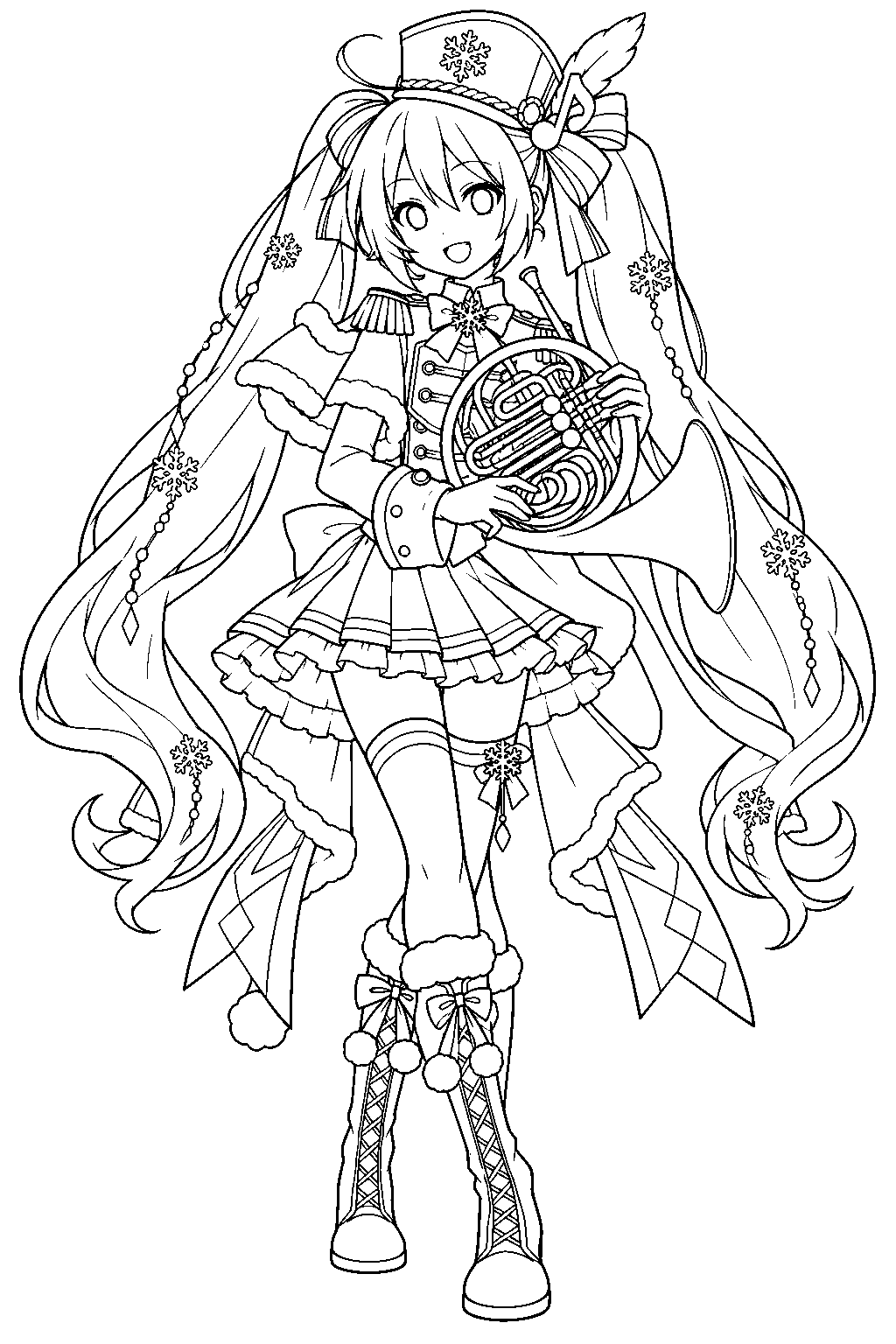 hatsune miku as snow miku 2020 holding a french horn in her marching band outfit line art