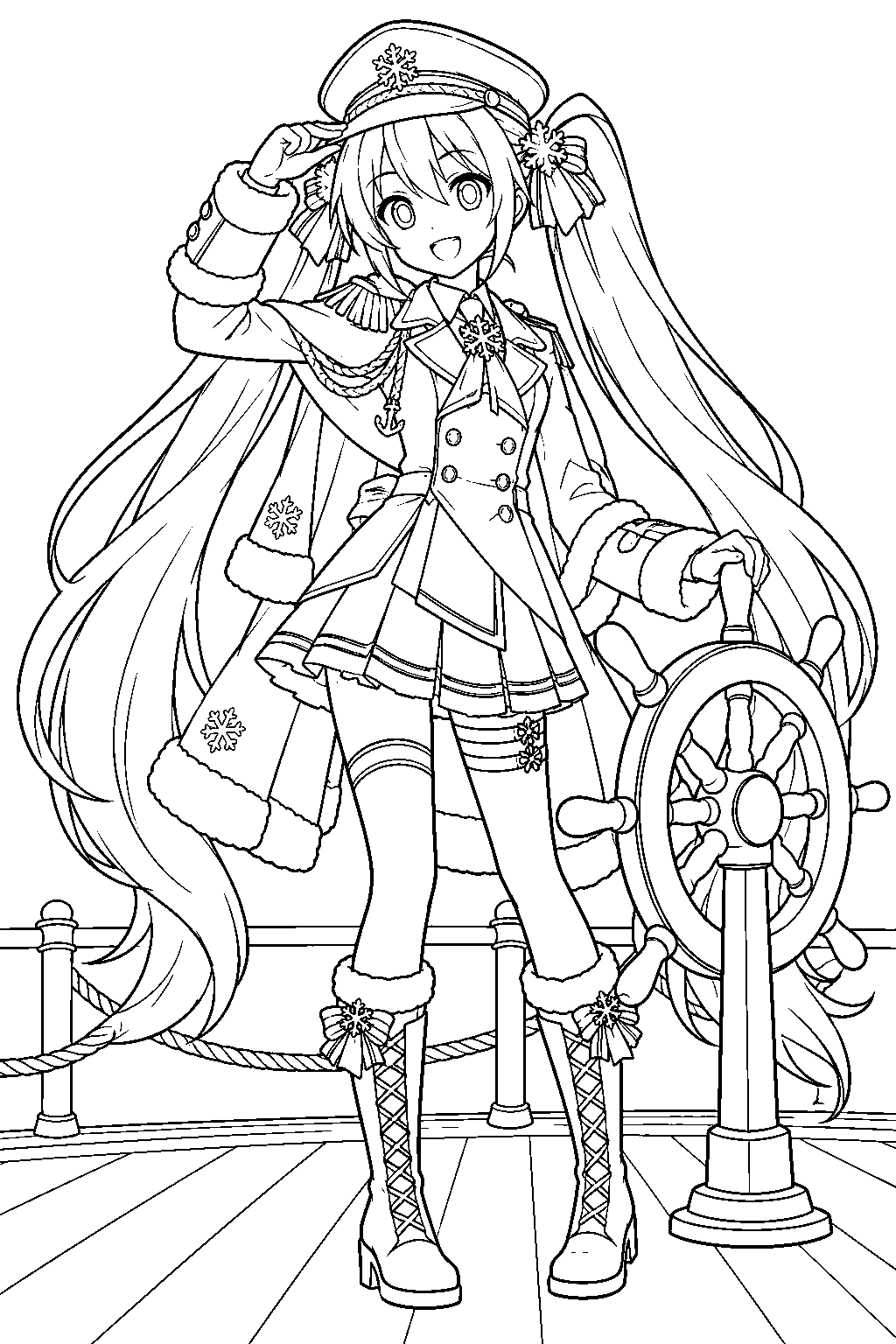 hatsune miku as snow miku 2022 wearing her captain outfit beside a ship s wheel line art