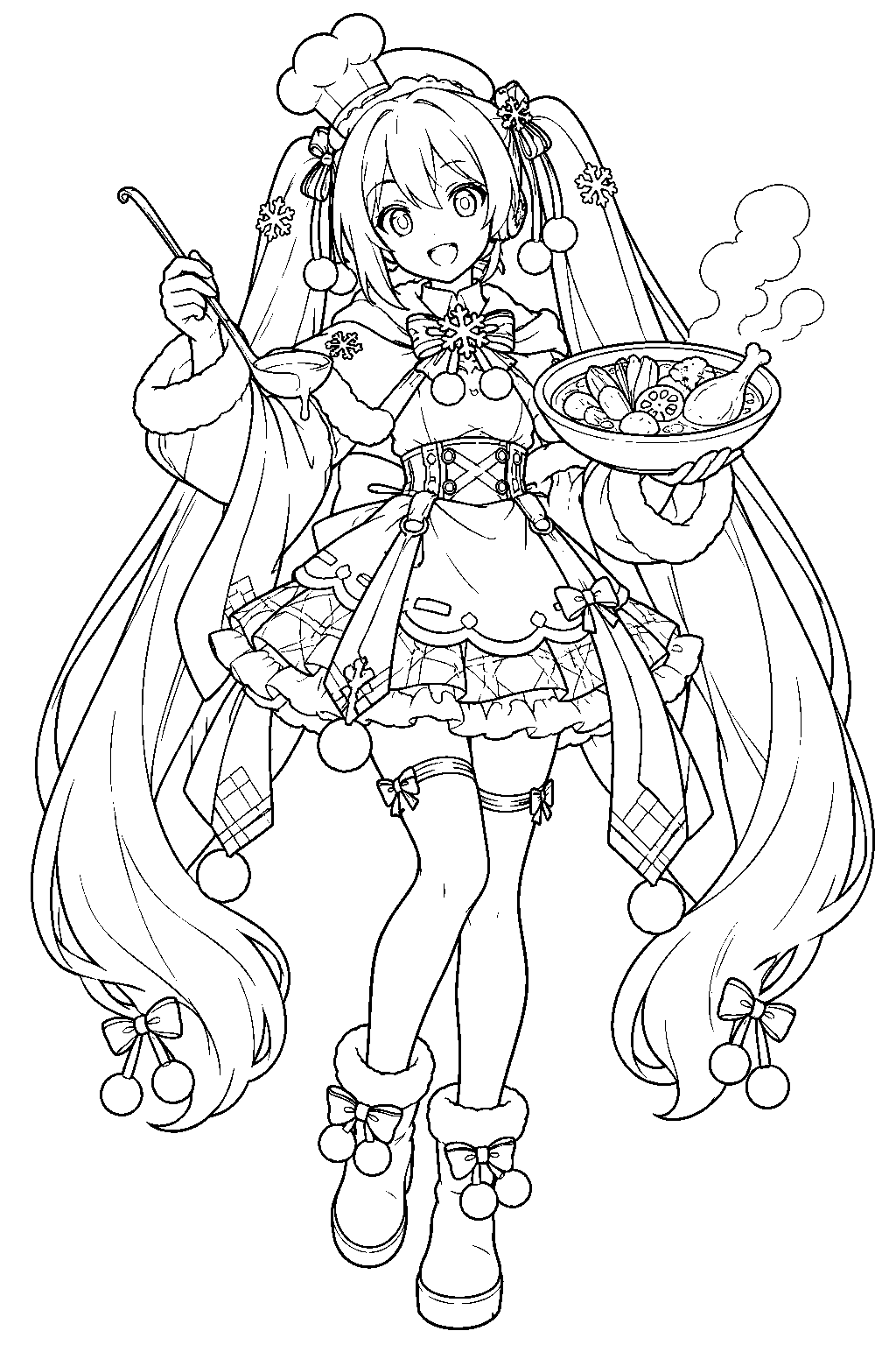 hatsune miku as snow miku 2024 serving soup curry in her winter feast outfit line art