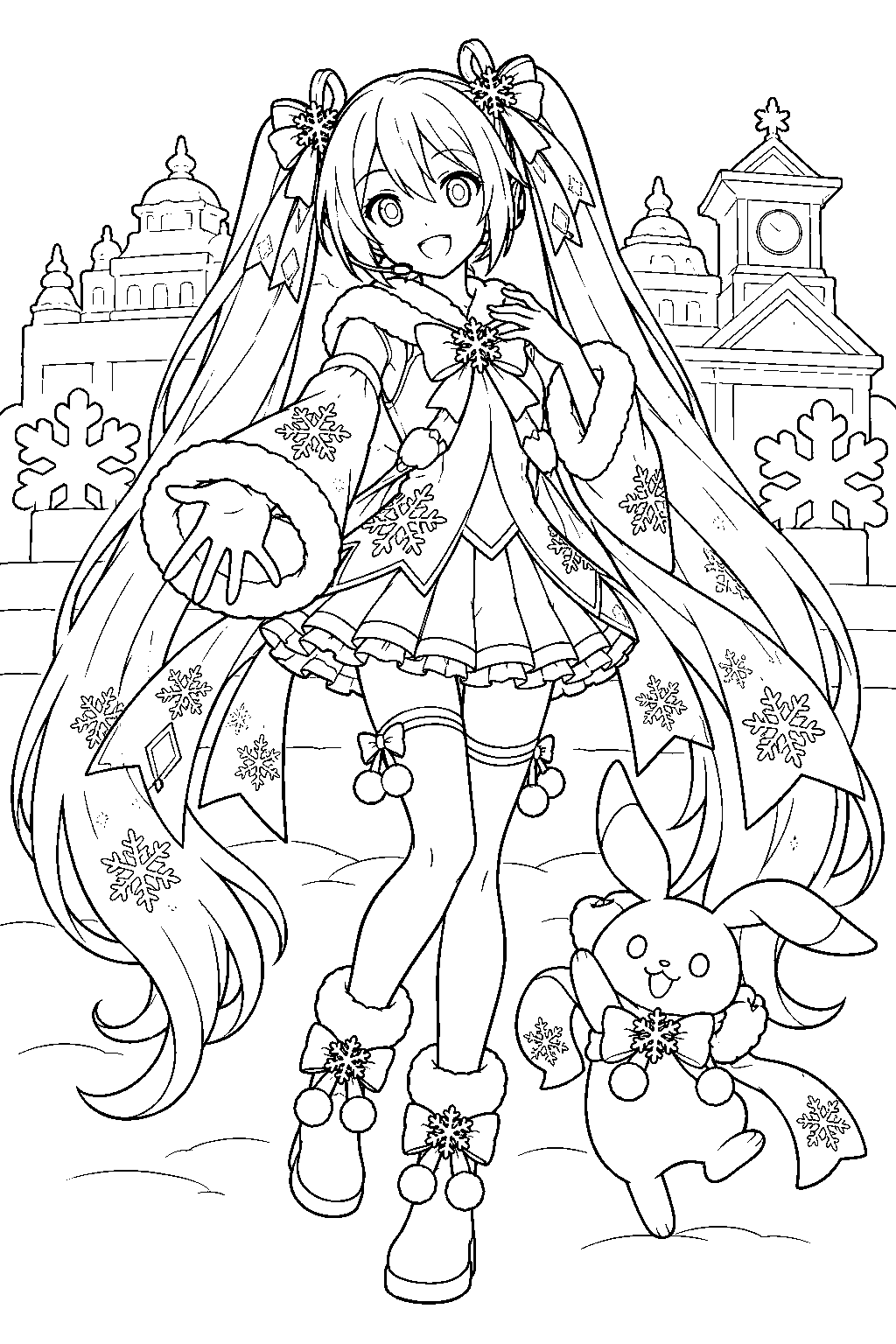 hatsune miku as snow miku in her classic snowflake outfit with rabbit yukine at the sapporo snow festival line art