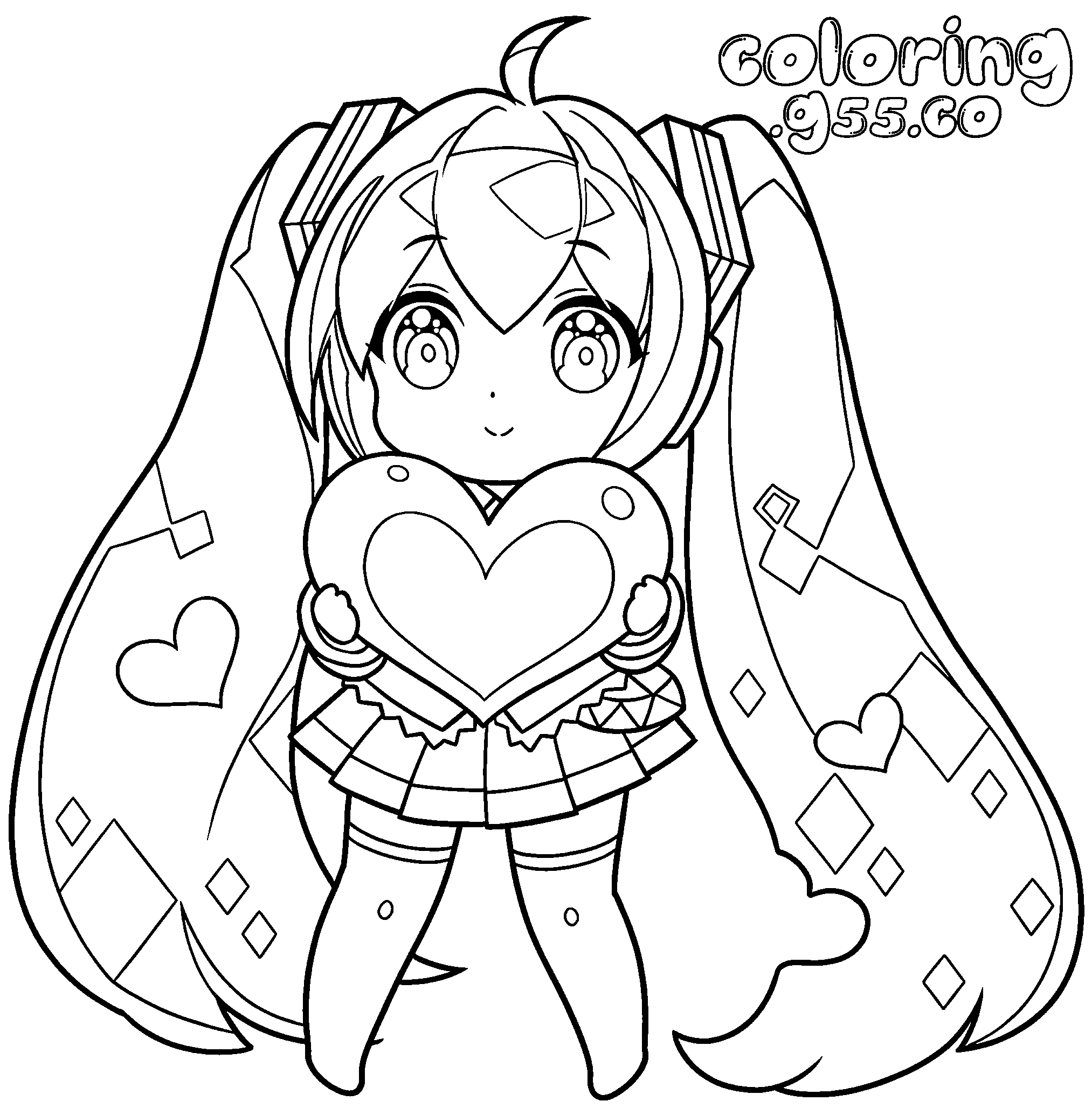 hatsune miku chibi holding heart line art for kids
