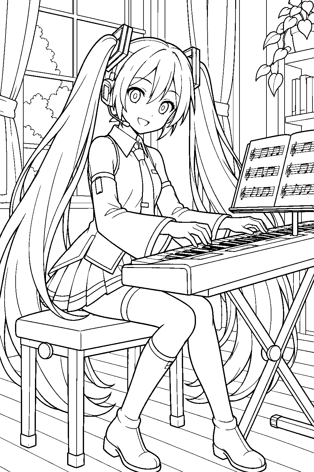 hatsune miku composing a melody at a keyboard with sheet music on a stand line art