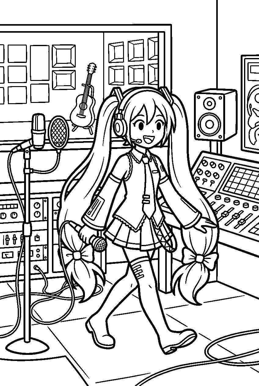 hatsune miku exploring in recording studio line art