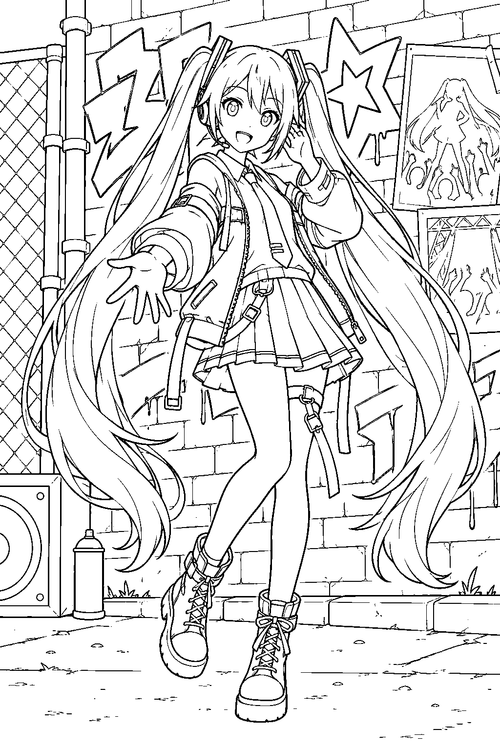 hatsune miku from project sekai performing in her street sekai outfit beside graffiti and concert posters line art
