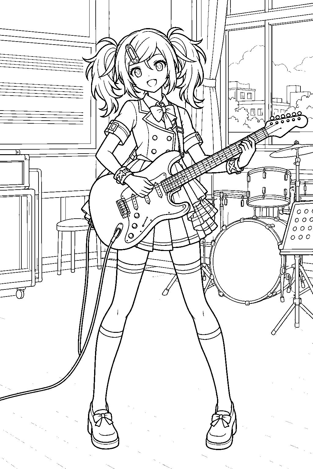 hatsune miku from project sekai playing guitar in the school sekai music room line art