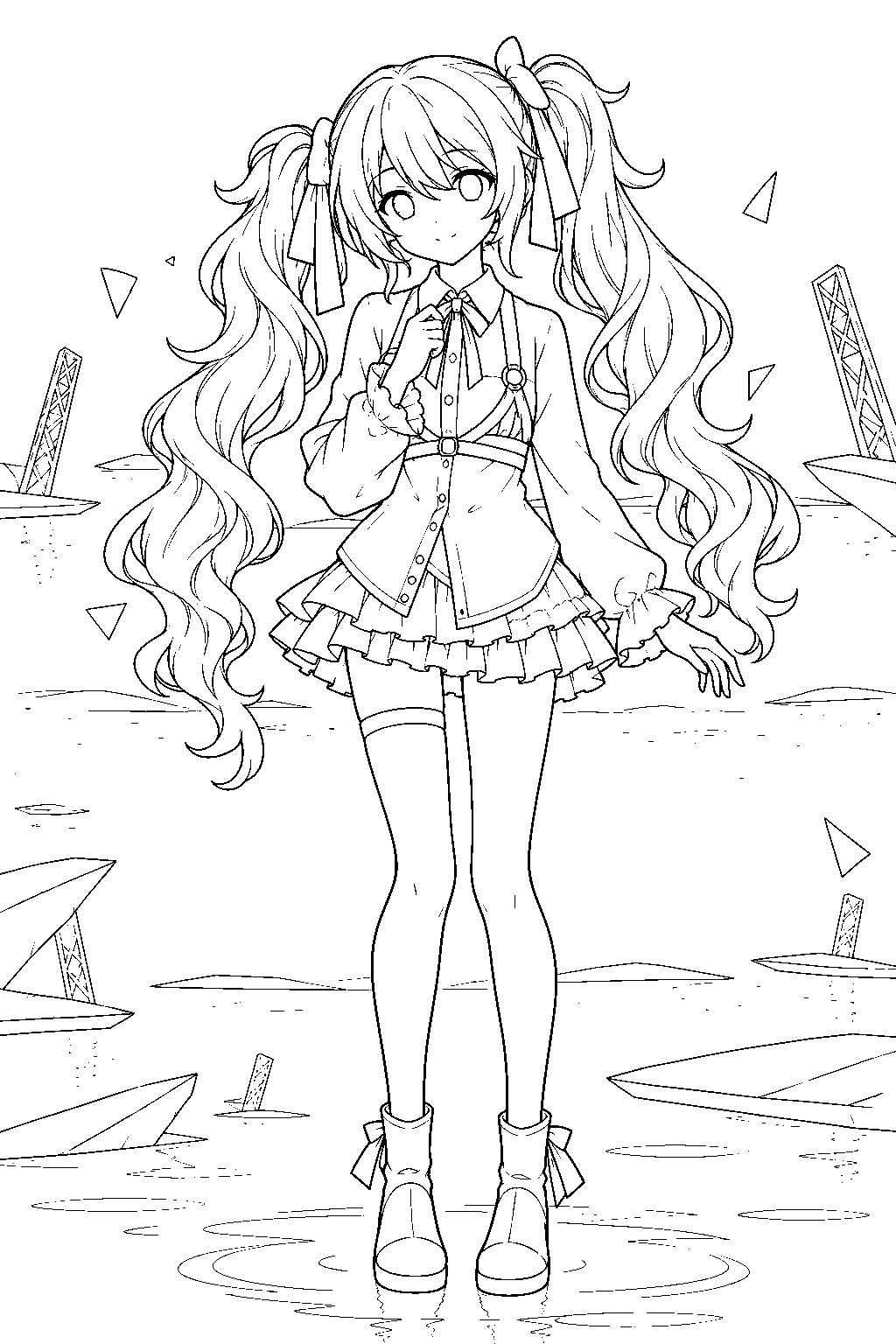 hatsune miku from project sekai wearing her empty sekai ribbon dress in a quiet empty world line art