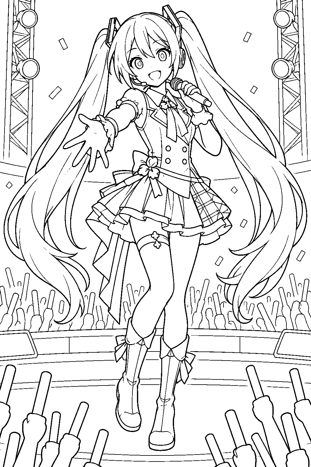 hatsune miku from project sekai wearing her stage sekai idol outfit before an audience with glow sticks line art