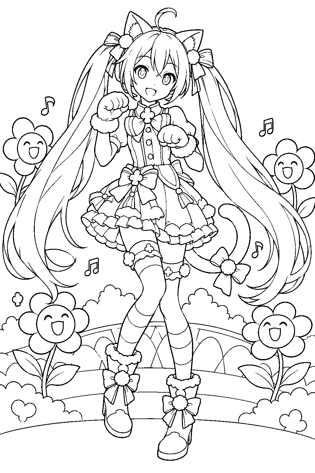 hatsune miku from project sekai wearing her wonderland sekai cat costume beside singing flowers line art