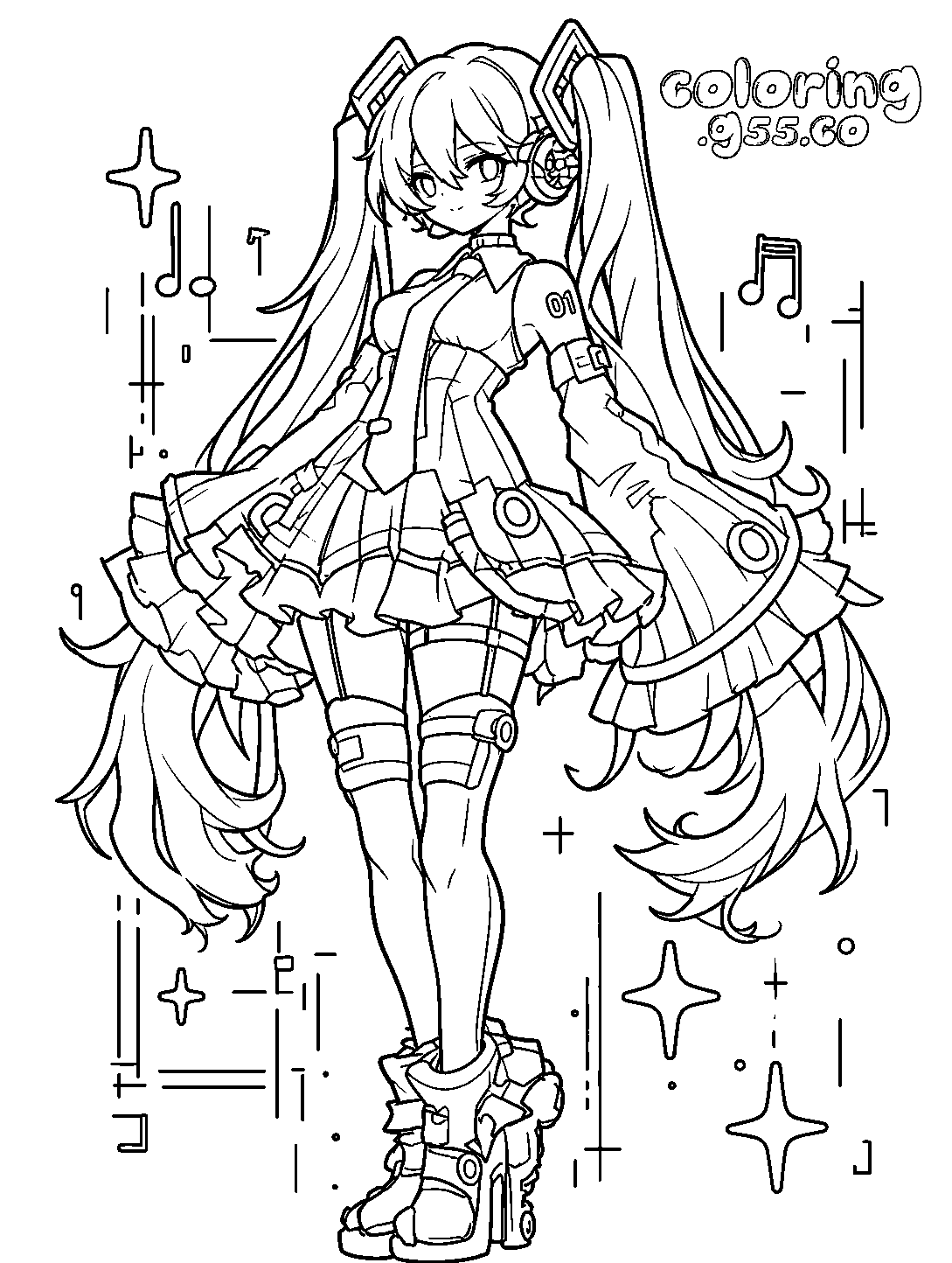 hatsune miku futuristic idol dress line art for kids