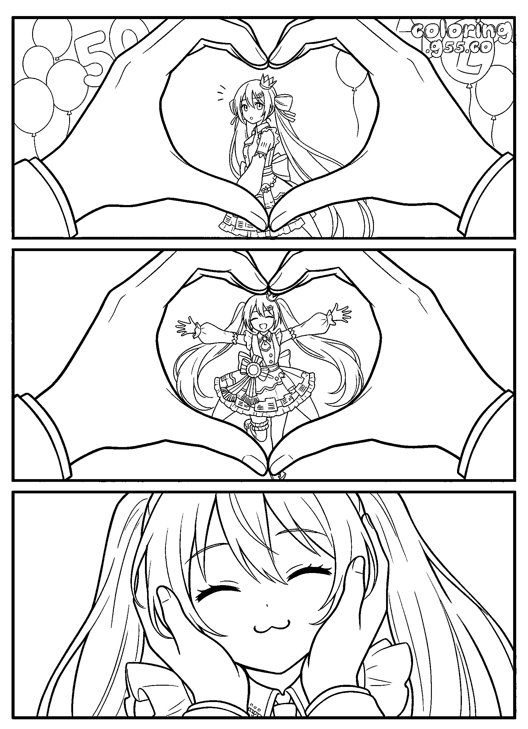 hatsune miku heart hands idol manga panel line art for kids