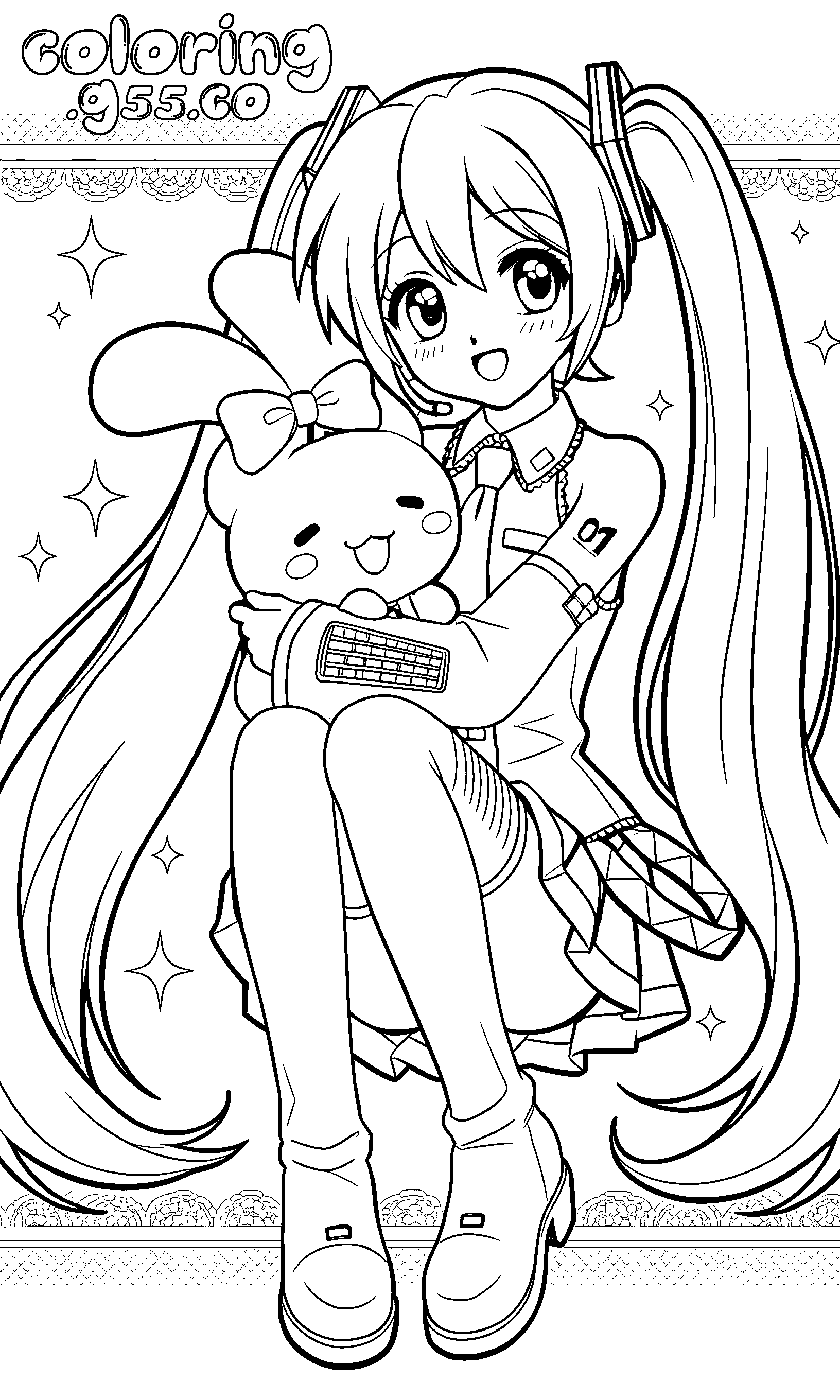 hatsune miku hugging cute bunny line art anime sheets for kids