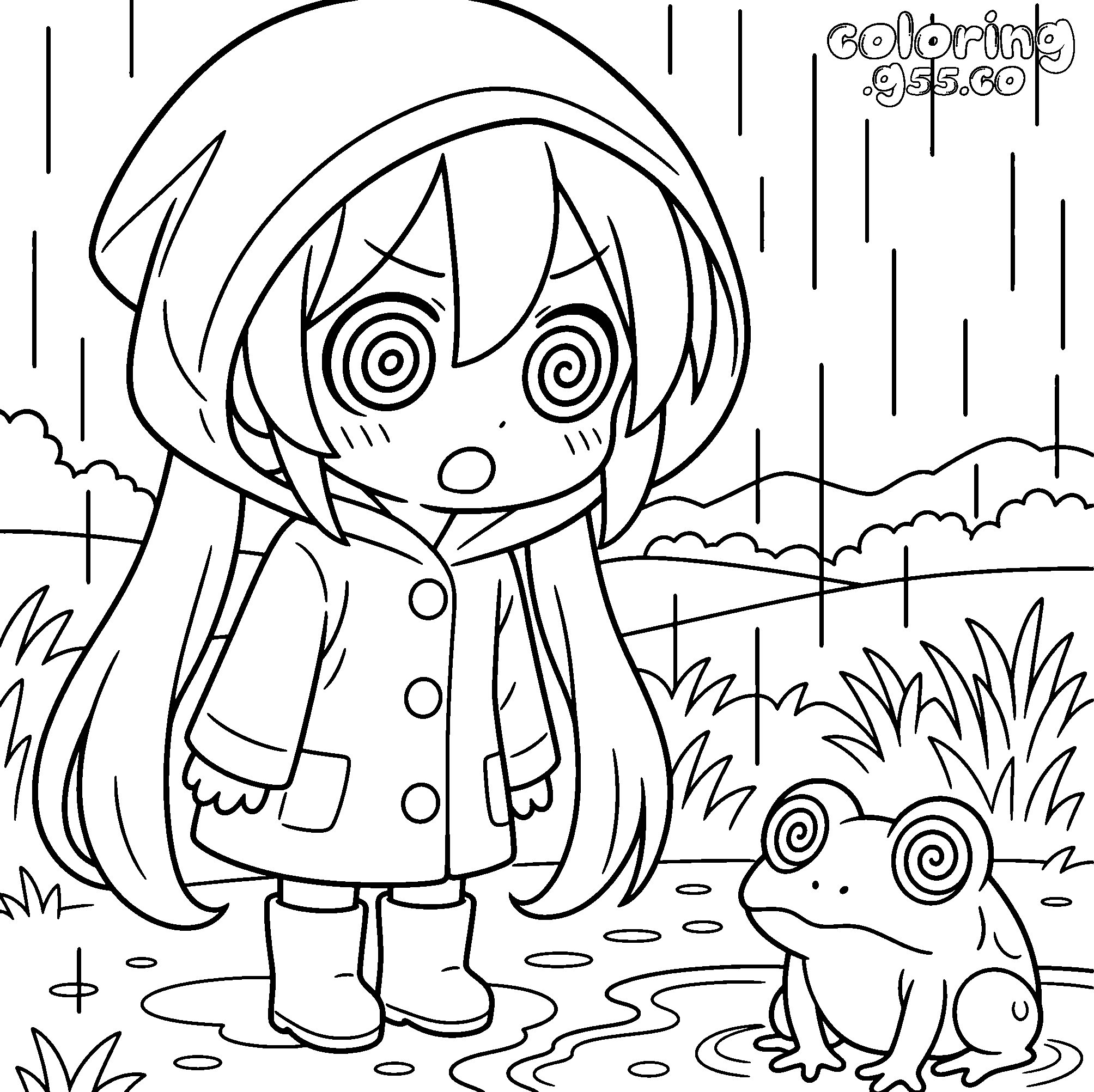 hatsune miku in a raincoat with a frog line art