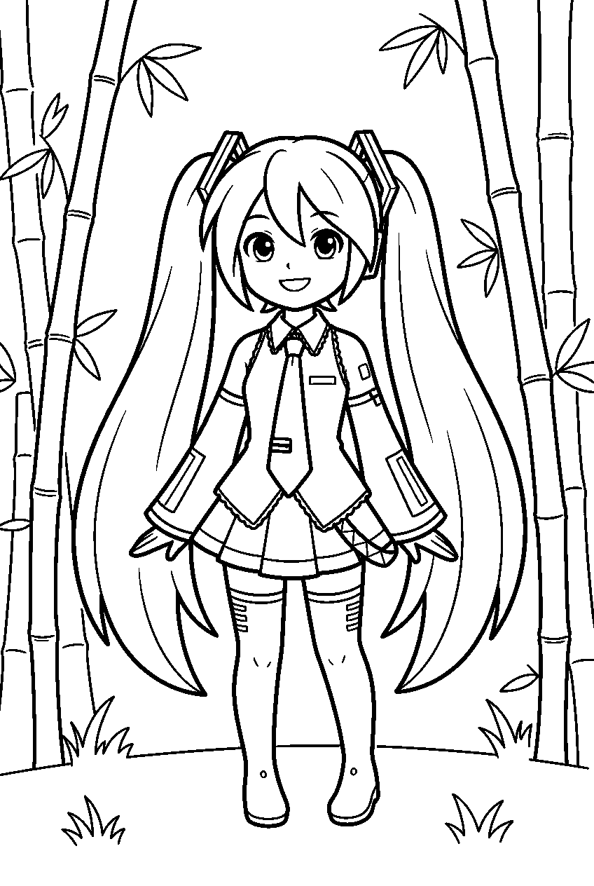hatsune miku in bamboo grove line art