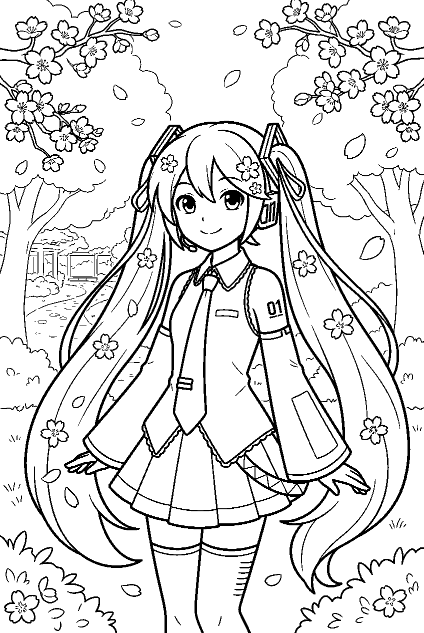 hatsune miku in cherry blossom garden line art