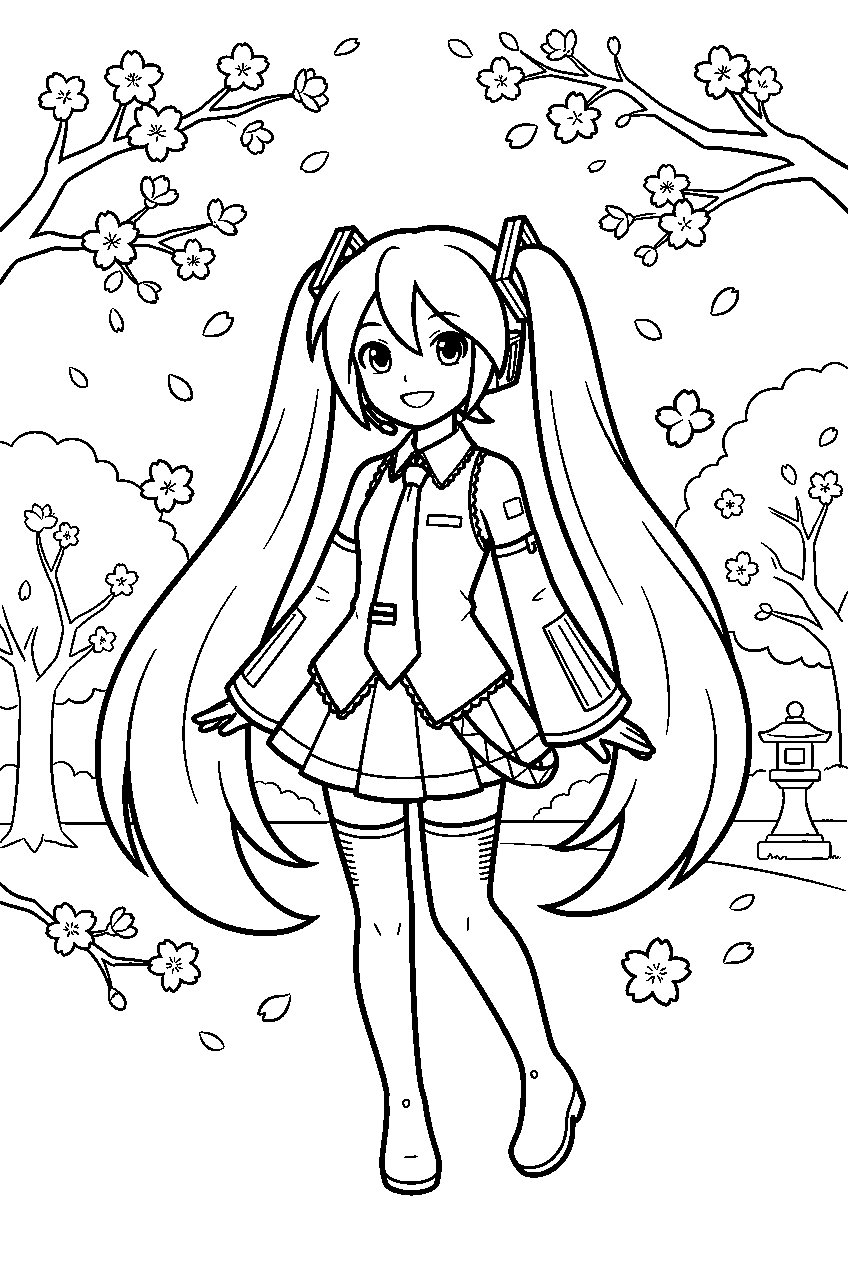 hatsune miku in cherry blossom park line art
