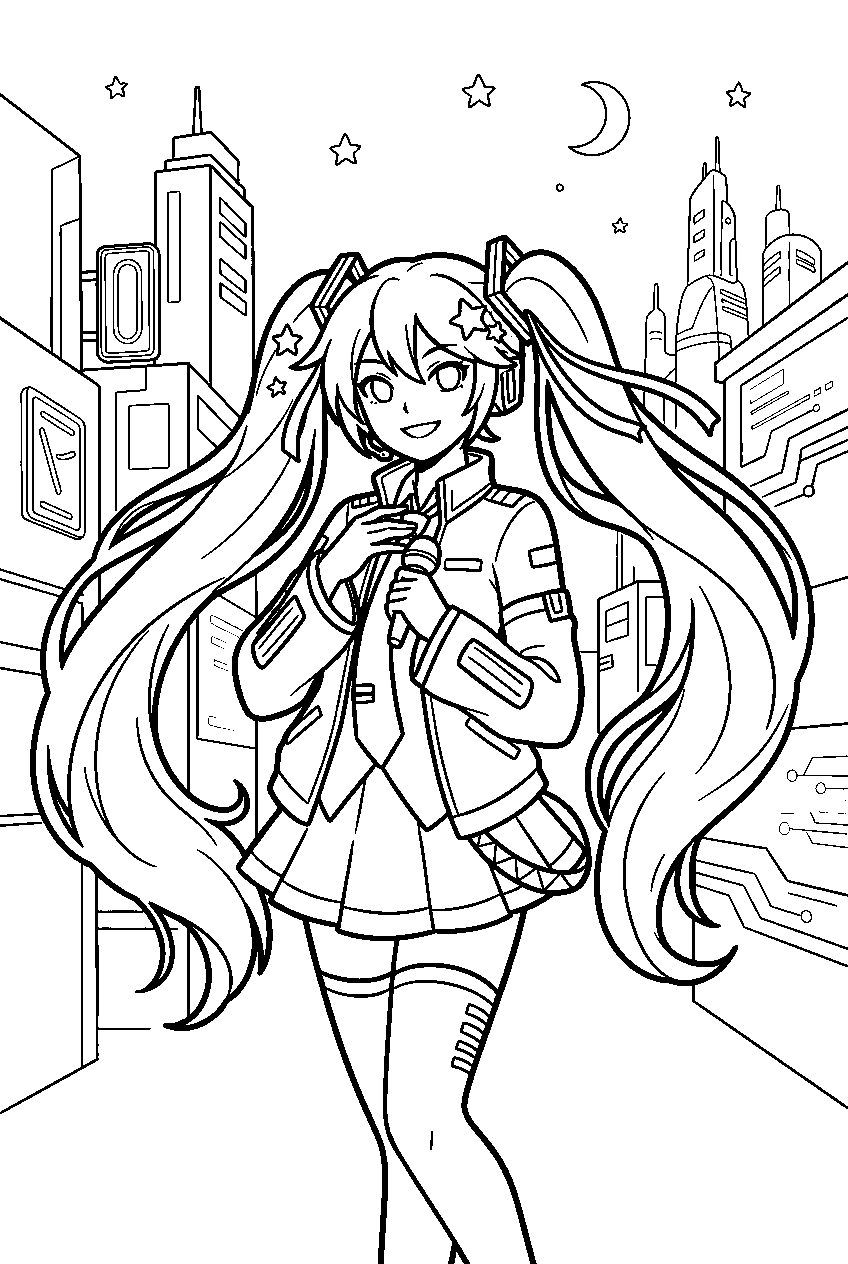 hatsune miku in cyber city line art
