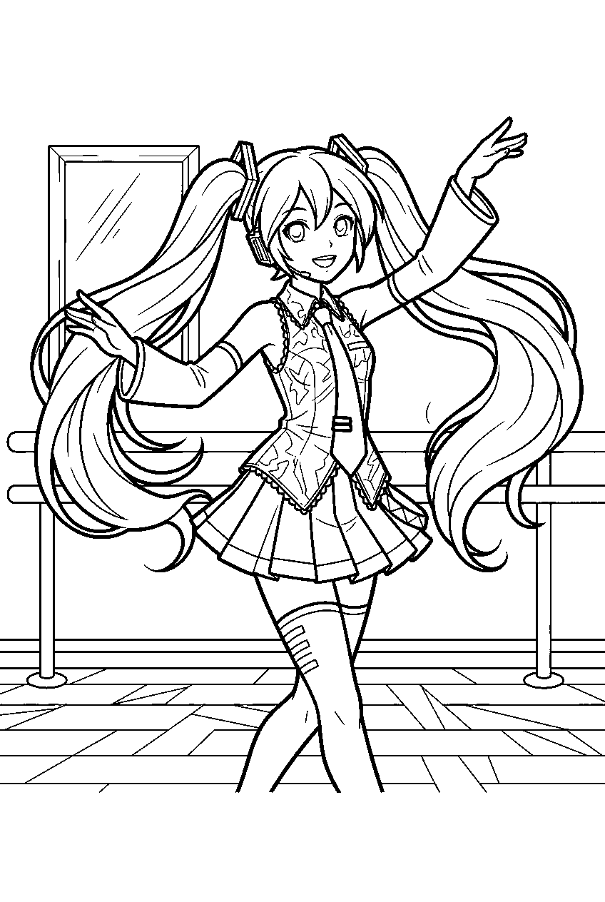 hatsune miku in dance studio line art